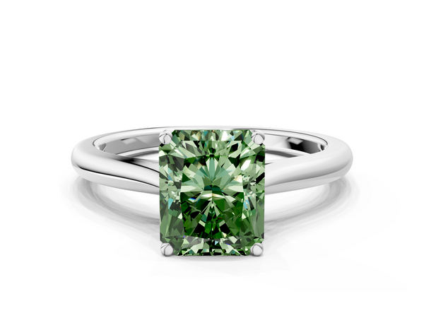 White gold Fancy Green Radiant  Cut Solitaire Ring with Cathedral Band and Four-Prong Setting