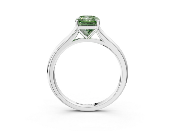 White gold Fancy Green Radiant  Cut Solitaire Ring with Cathedral Band and Four-Prong Setting