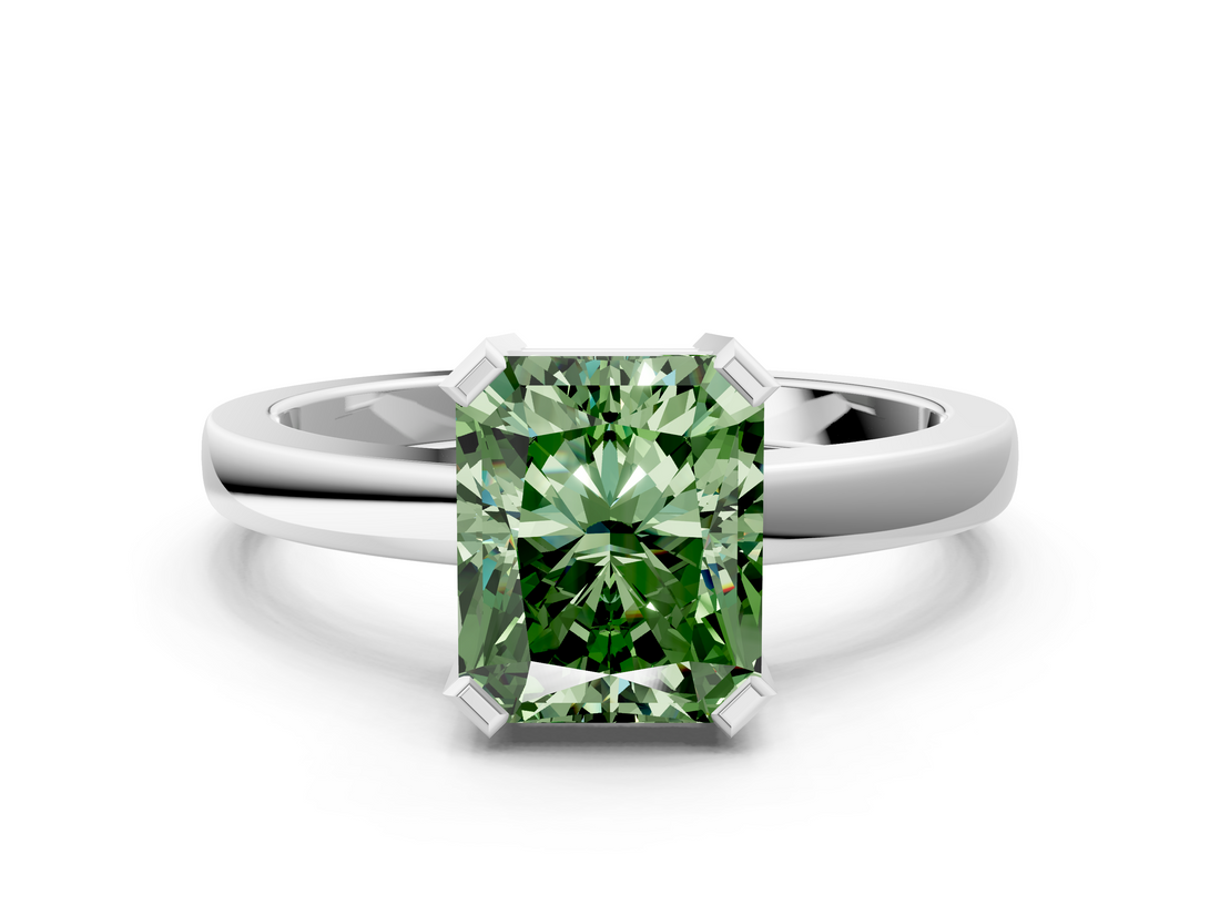 White gold Fancy Green Radiant  Cut Solitaire Ring with Four-Prong Setting and Classic Band_45