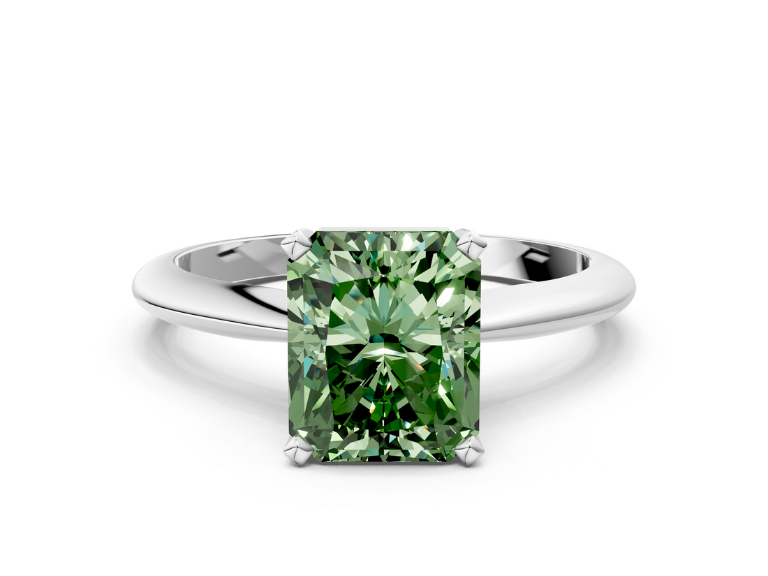 White gold Fancy Green Radiant  Cut Solitaire Ring with Four-Prong Setting on a Classic Band_45
