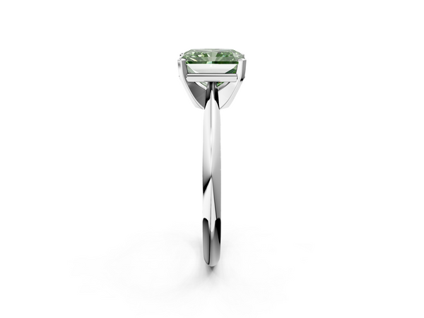 Platinum Fancy Green Radiant  Cut Solitaire Ring with Four-Prong Setting on a Classic Band