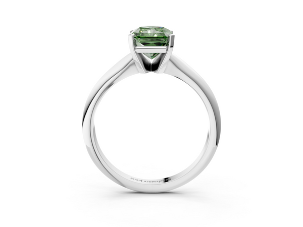 Platinum Fancy Green Radiant  Cut Solitaire Ring with Four-Prong Setting on a Classic Band