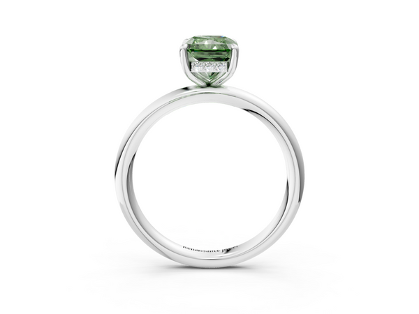 Platinum Fancy Green Radiant Cut Diamond Solitaire Ring with Thin Band and Four-Prong Setting