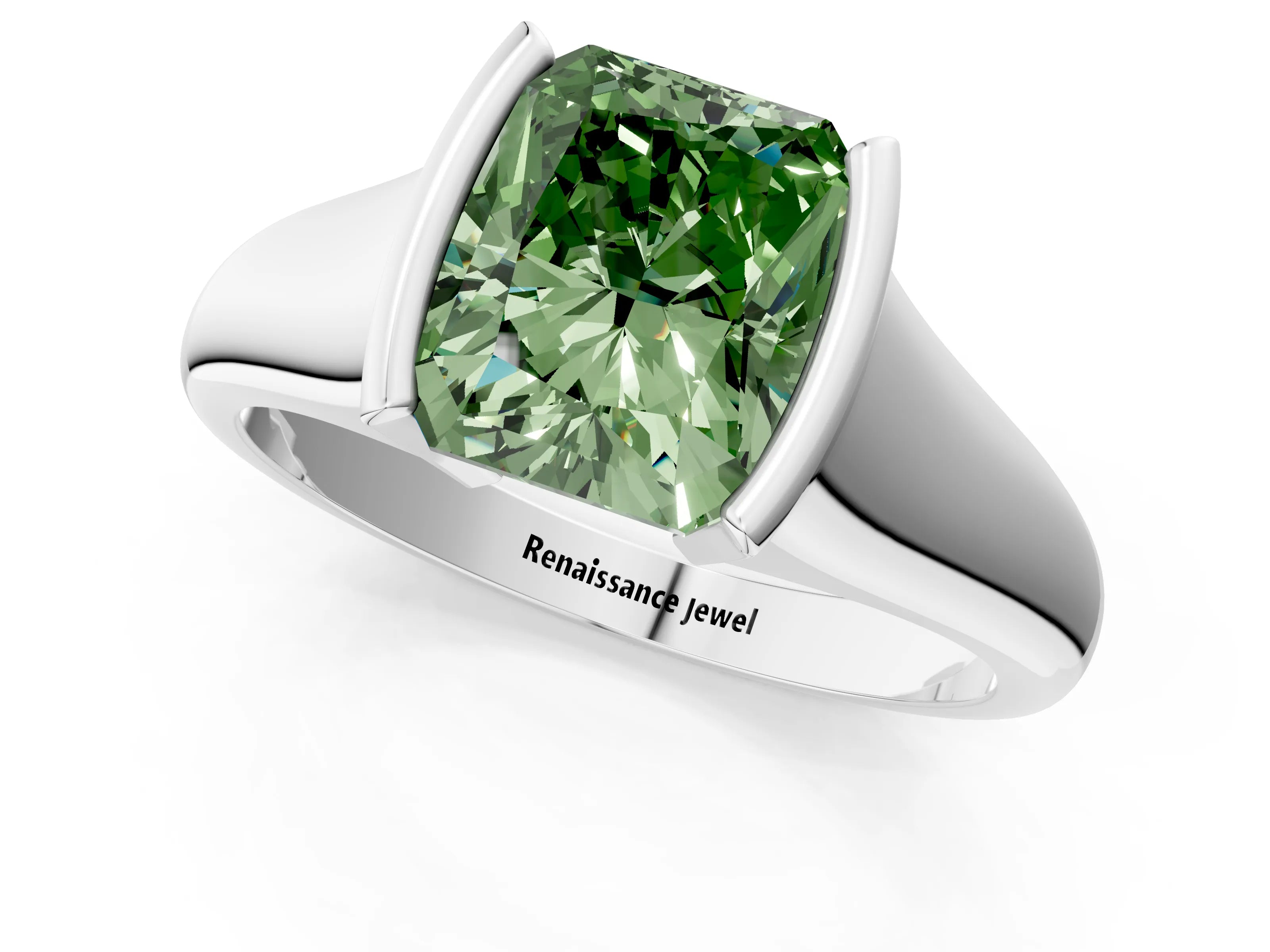White gold Fancy Green Radiant Cut Solitaire Tension Set Diamond Ring with Split Shank Band_1