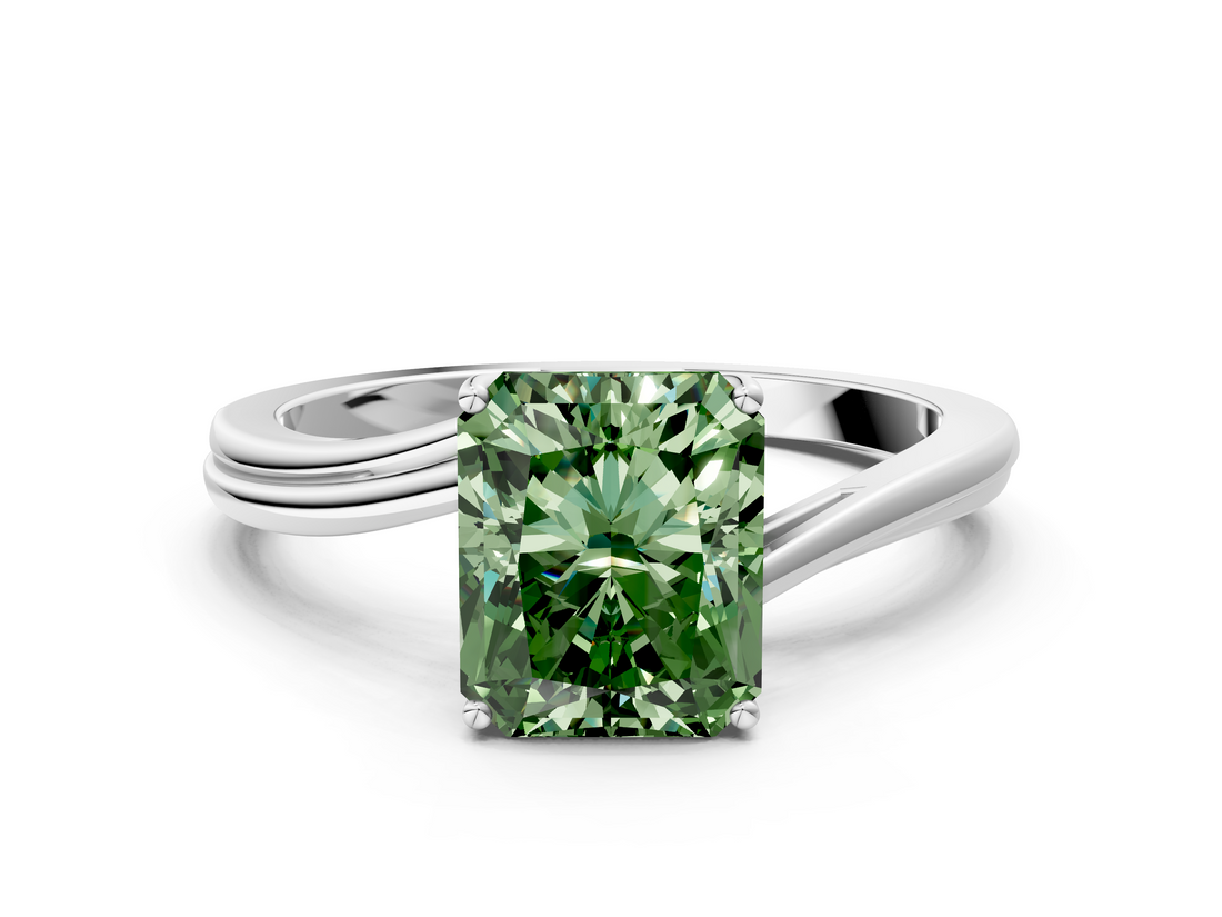White gold Fancy Green Radiant  Cut Solitaire Twist Band Ring with Four-Prong Setting_71