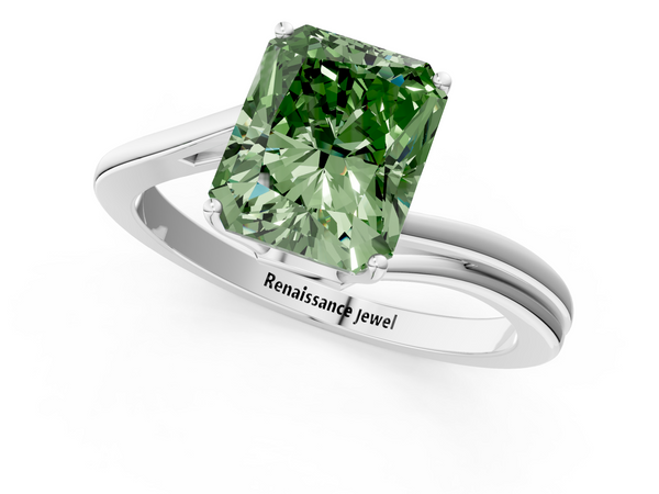 Platinum Fancy Green Radiant  Cut Solitaire Twist Band Ring with Four-Prong Setting