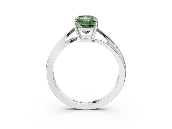 Platinum Fancy Green Radiant  Cut Solitaire Twist Band Ring with Four-Prong Setting