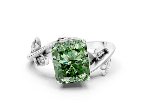 White gold Fancy Green Radiant Cut Solitaire Twist Engagement Ring with Leaf Accents and Prong Setting_12