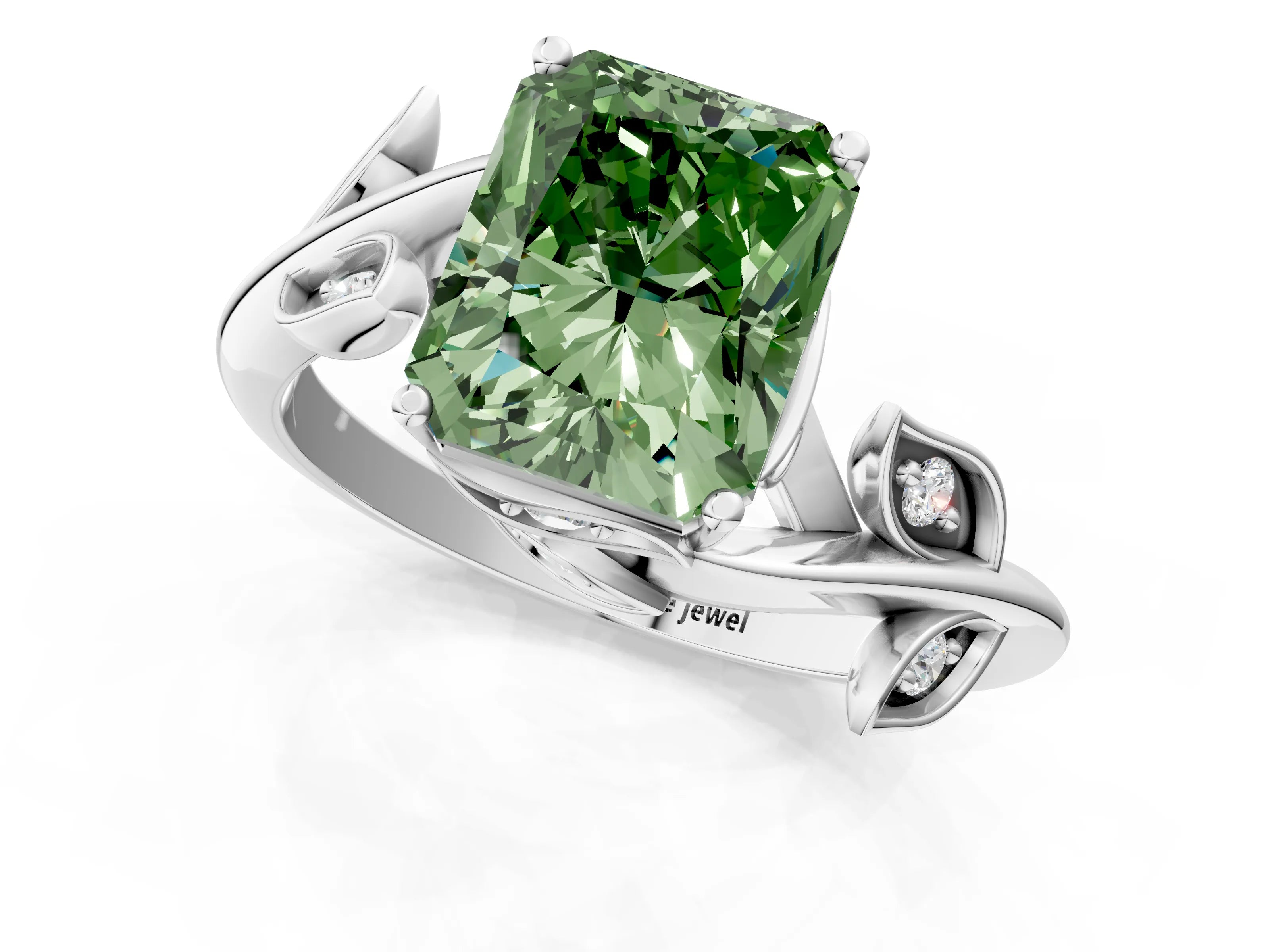 White gold Fancy Green Radiant Cut Solitaire Twist Engagement Ring with Leaf Accents and Prong Setting_13