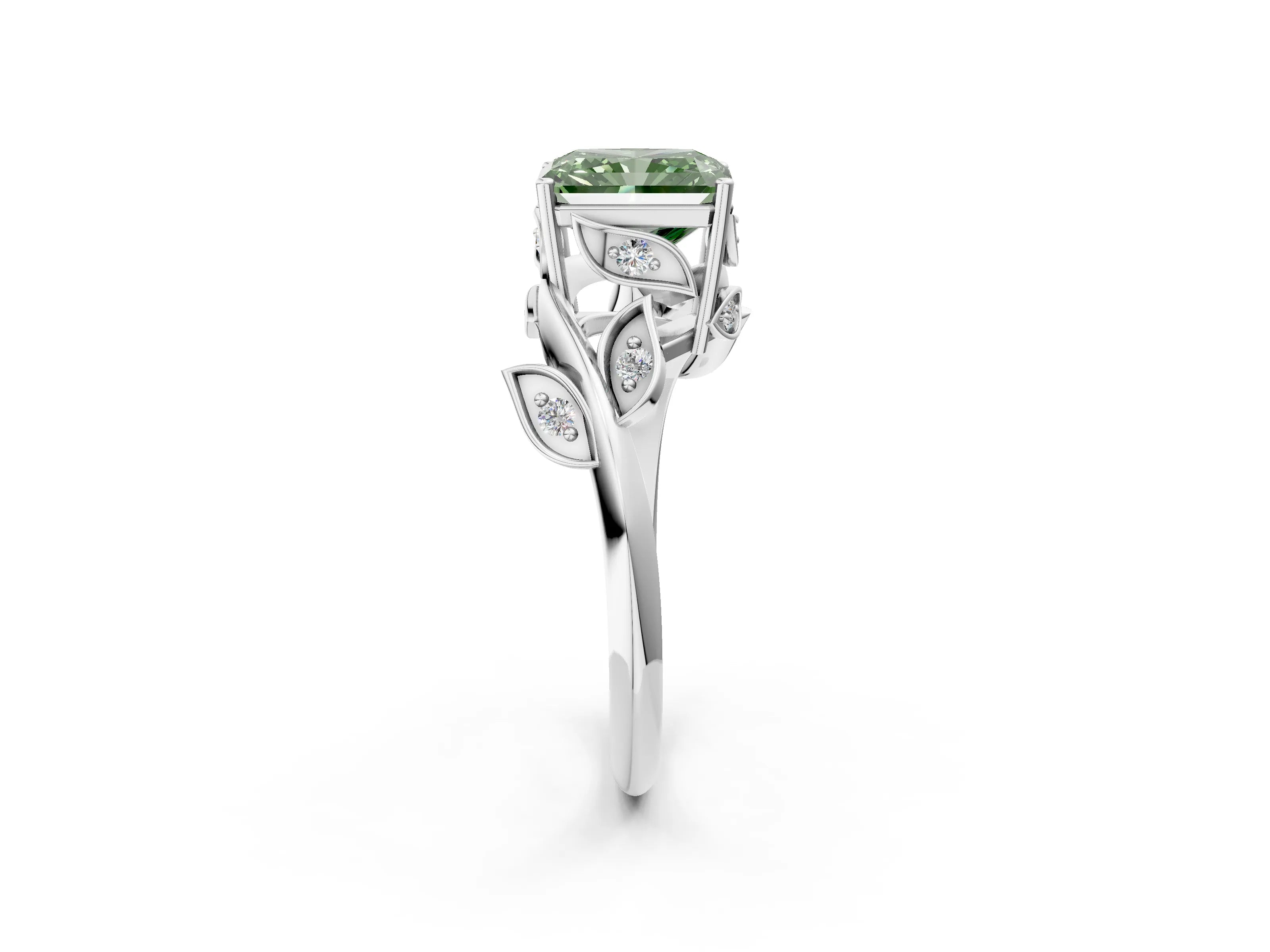 White gold Fancy Green Radiant Cut Solitaire Twist Engagement Ring with Leaf Accents and Prong Setting_14