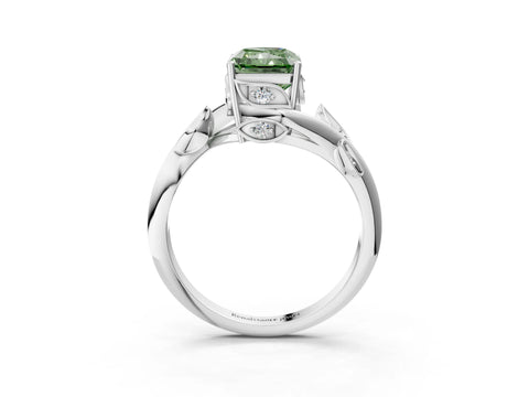 White gold Fancy Green Radiant Cut Solitaire Twist Engagement Ring with Leaf Accents and Prong Setting_15