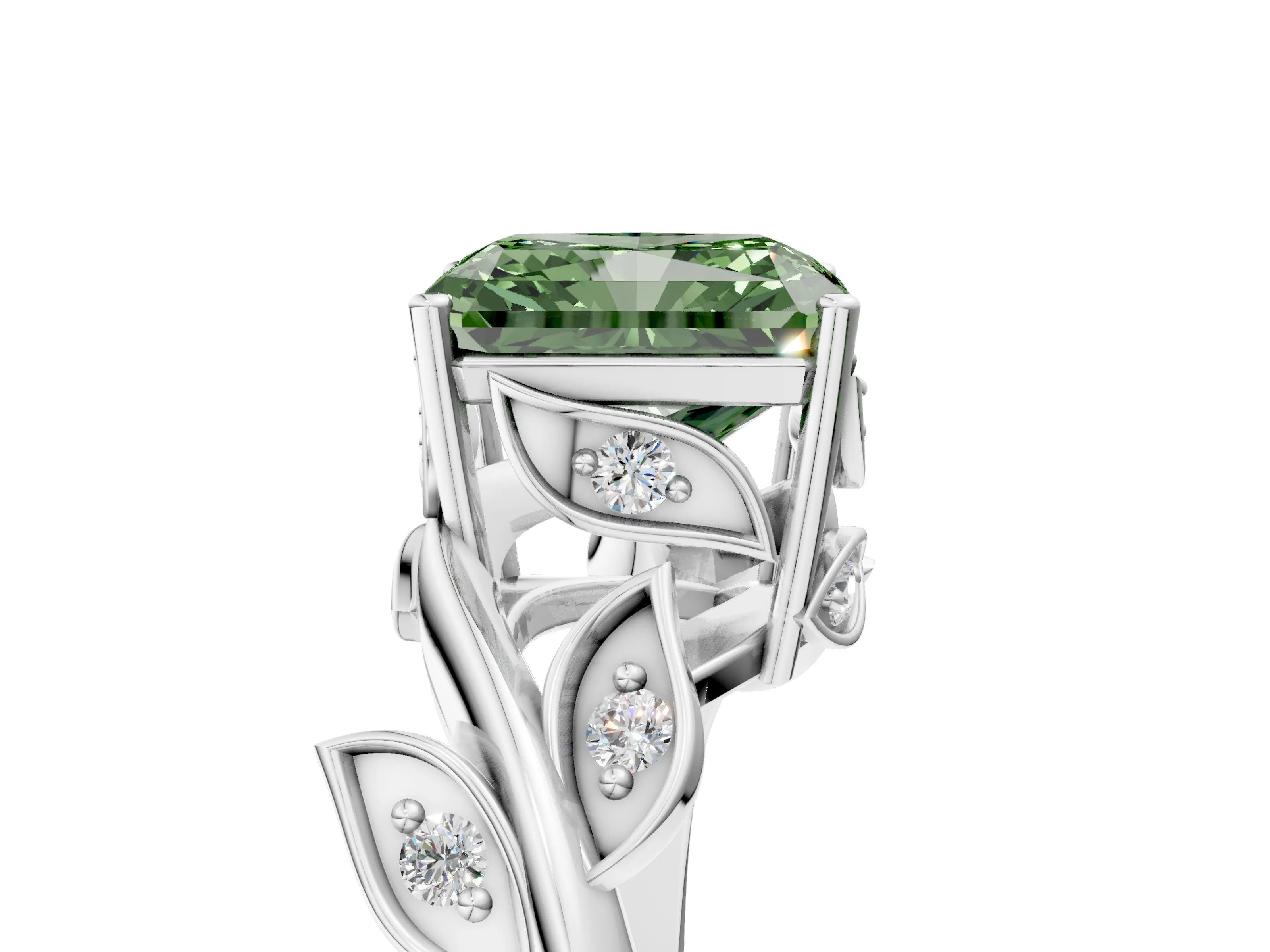 White gold Fancy Green Radiant Cut Solitaire Twist Engagement Ring with Leaf Accents and Prong Setting_17