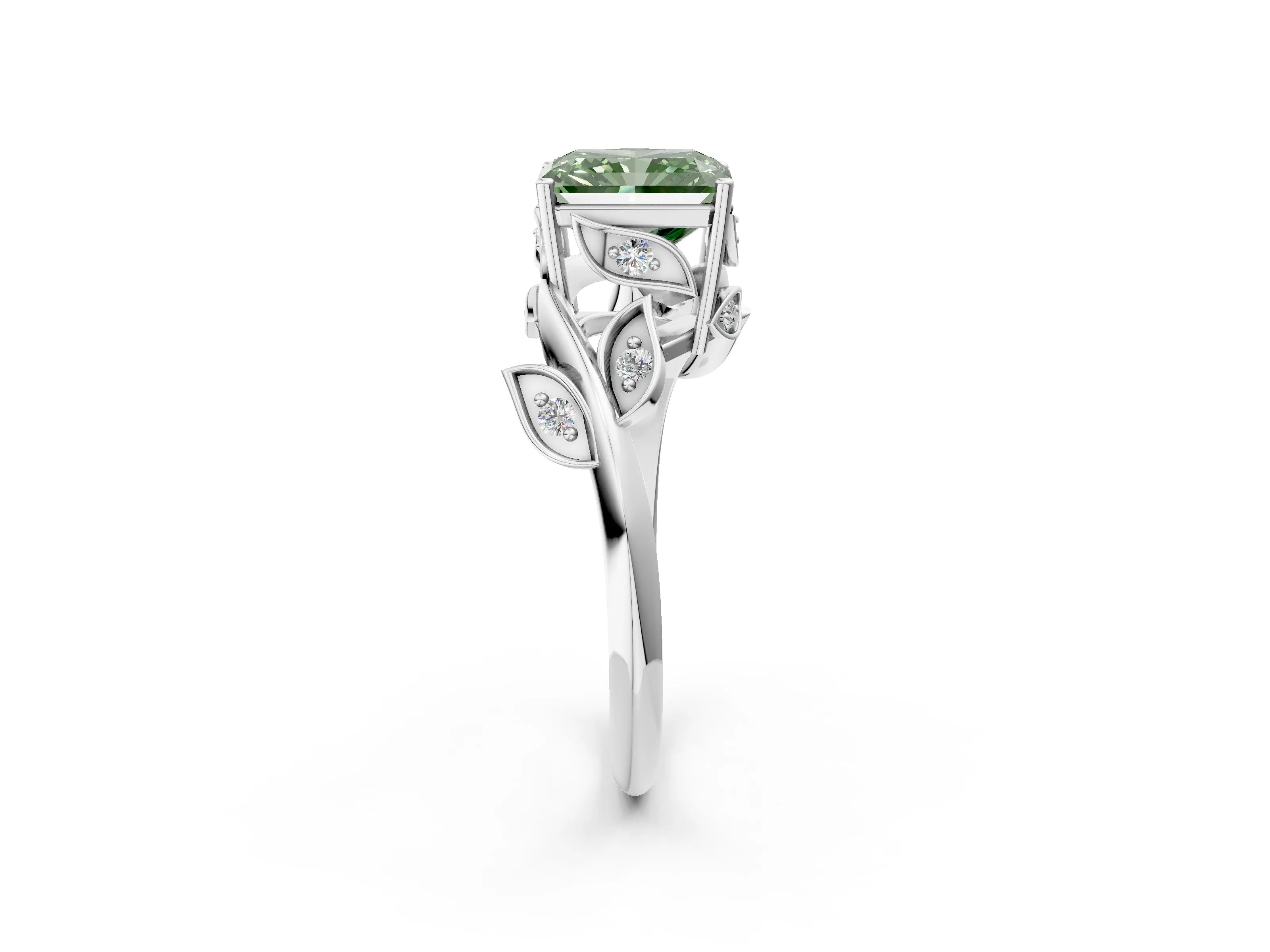 White gold Fancy Green Radiant Cut Solitaire Twist Engagement Ring with Leaf Accents and Prong Setting_2