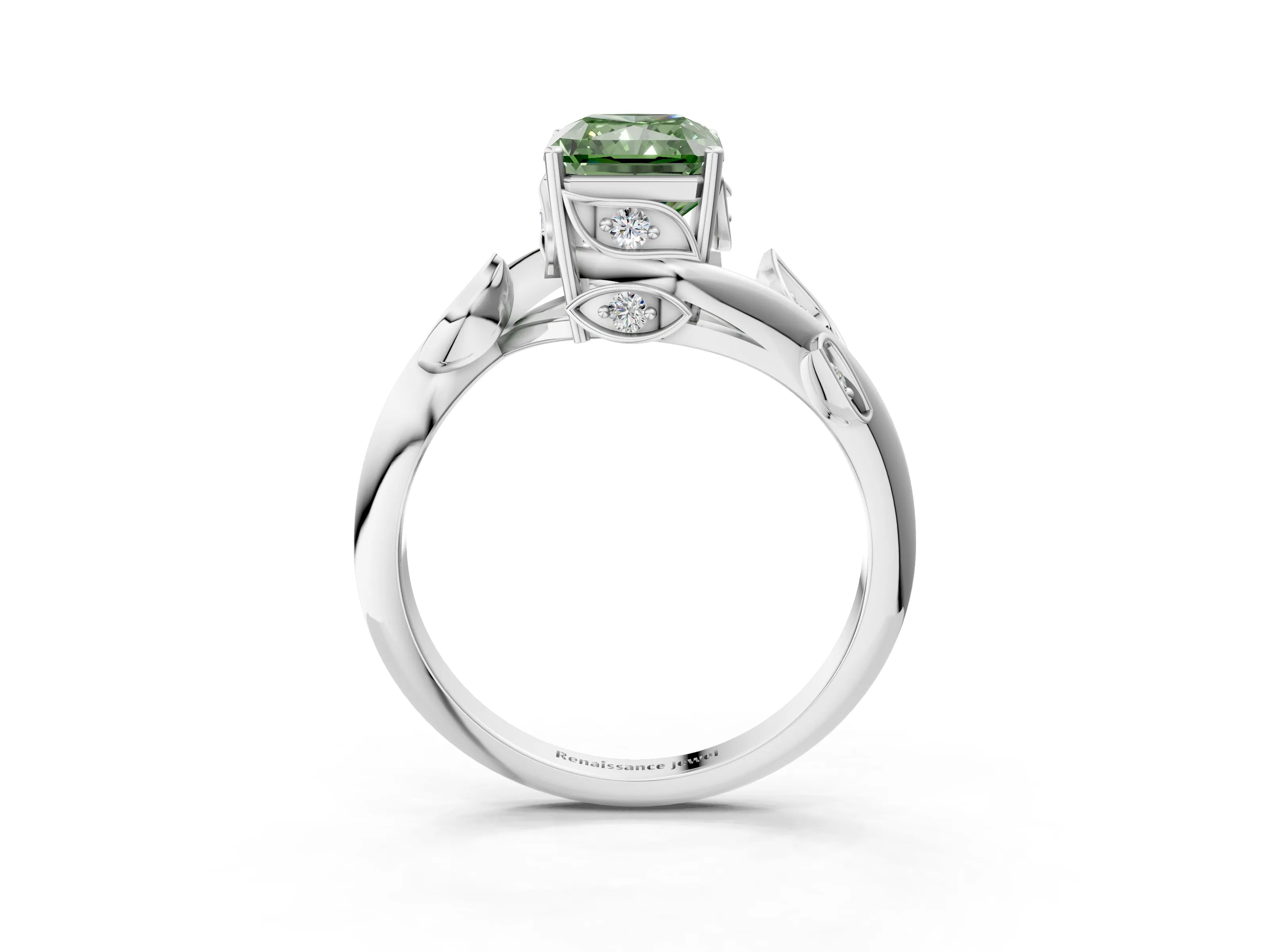 White gold Fancy Green Radiant Cut Solitaire Twist Engagement Ring with Leaf Accents and Prong Setting_4
