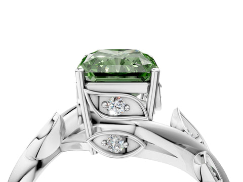 White gold Fancy Green Radiant Cut Solitaire Twist Engagement Ring with Leaf Accents and Prong Setting_5