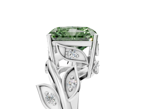 White gold Fancy Green Radiant Cut Solitaire Twist Engagement Ring with Leaf Accents and Prong Setting_6