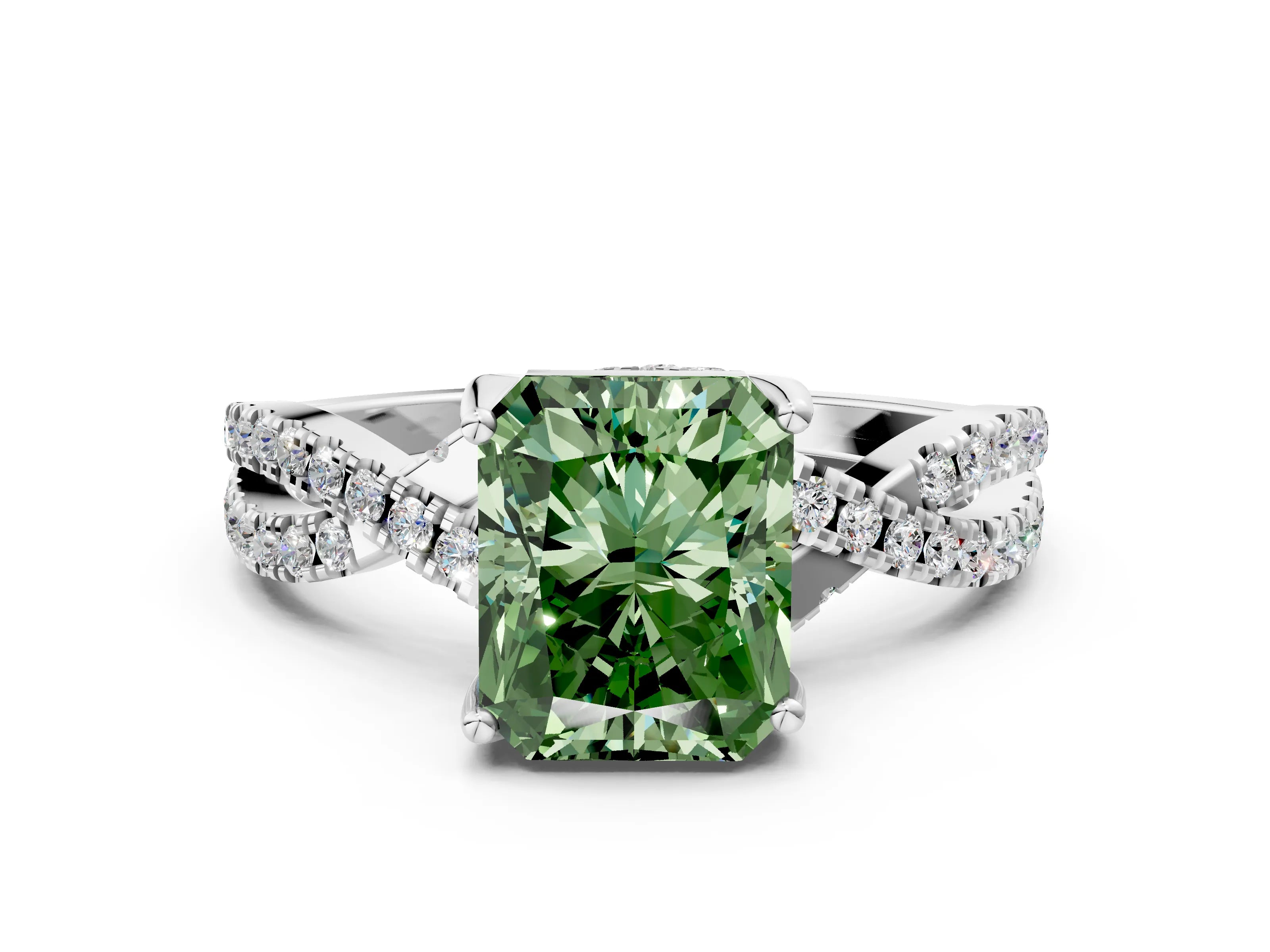 White gold Fancy Green Radiant Cut Solitaire Twist Pave Diamond Engagement Ring with Prong Setting