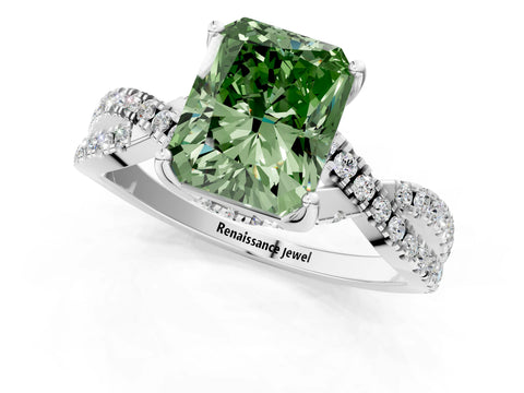 White gold Fancy Green Radiant Cut Solitaire Twist Pave Diamond Engagement Ring with Prong Setting_1