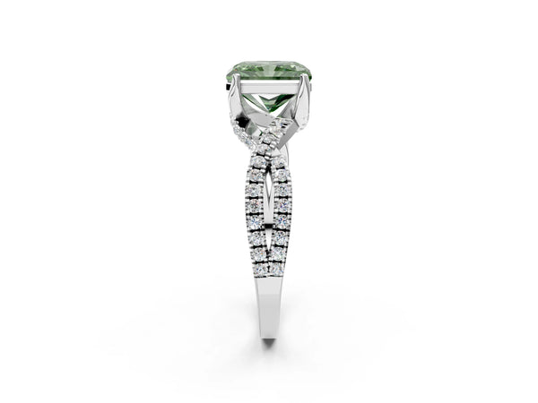 Platinum Fancy Green Radiant Cut Solitaire Twist Pave Diamond Engagement Ring with Prong Setting