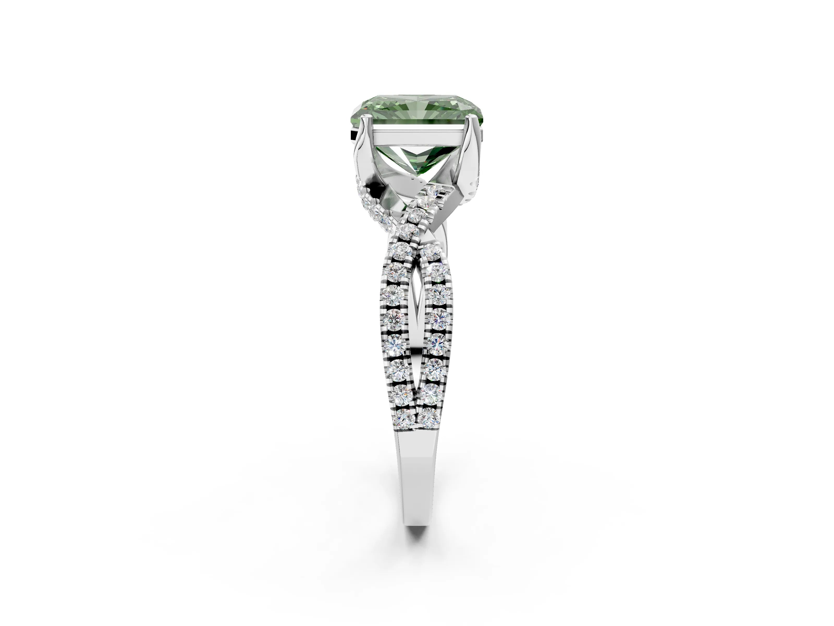 White gold Fancy Green Radiant Cut Solitaire Twist Pave Diamond Engagement Ring with Prong Setting_2