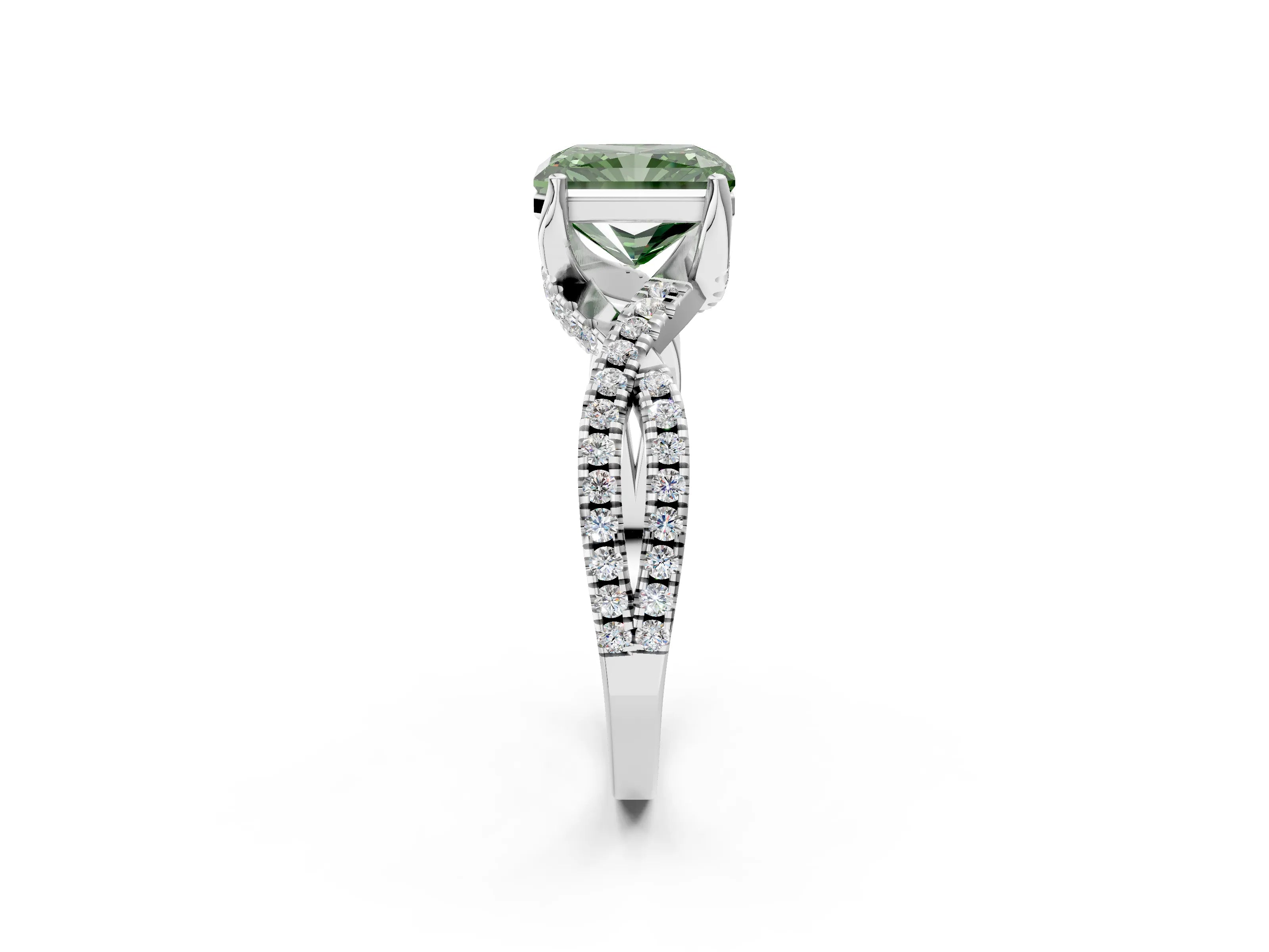 White gold Fancy Green Radiant Cut Solitaire Twist Pave Diamond Engagement Ring with Prong Setting_2