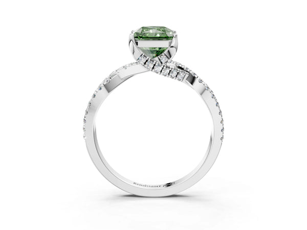 Platinum Fancy Green Radiant Cut Solitaire Twist Pave Diamond Engagement Ring with Prong Setting