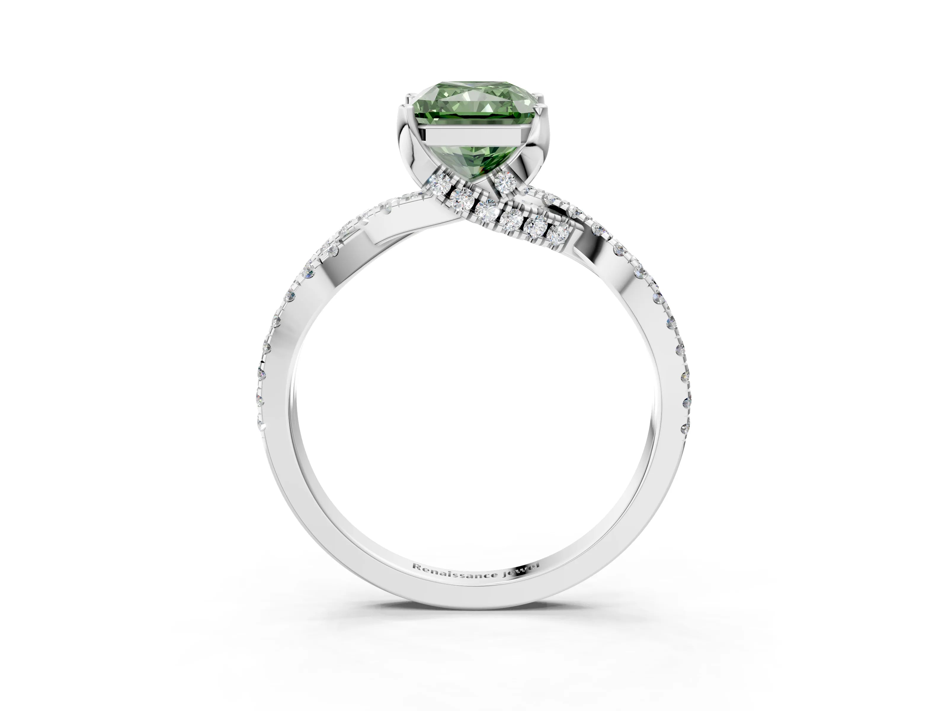 White gold Fancy Green Radiant Cut Solitaire Twist Pave Diamond Engagement Ring with Prong Setting_3