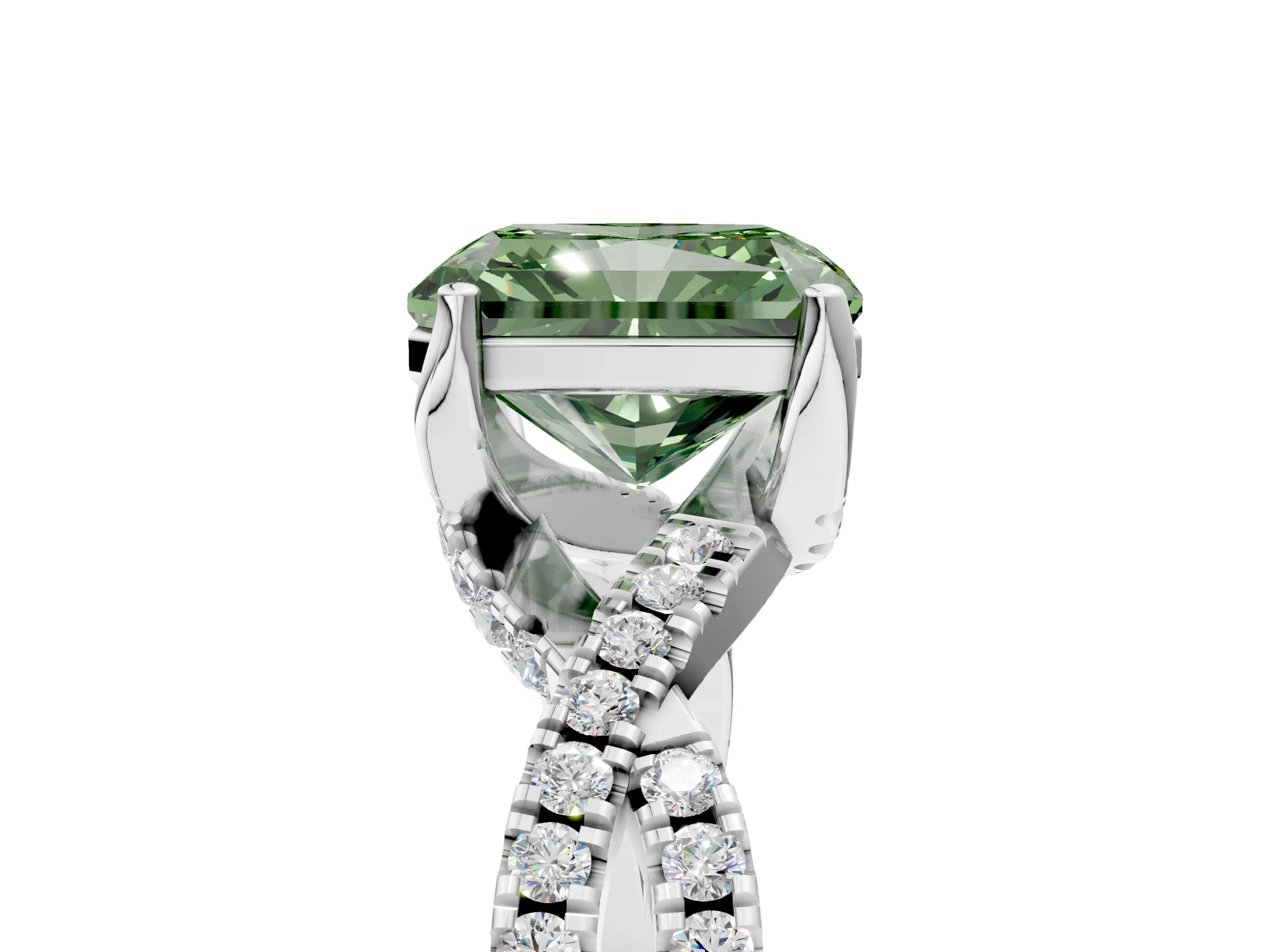 White gold Fancy Green Radiant Cut Solitaire Twist Pave Diamond Engagement Ring with Prong Setting_5