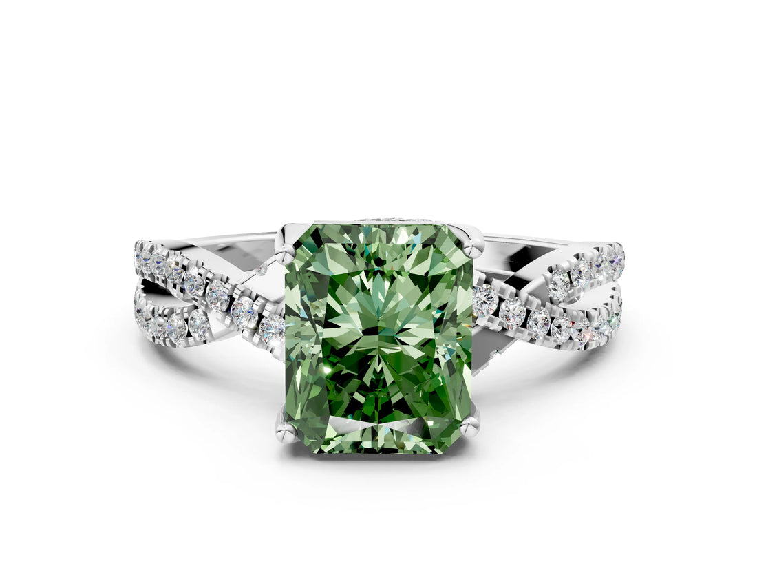 White gold Fancy Green Radiant Cut Solitaire Twist Pave Diamond Engagement Ring with Prong Setting