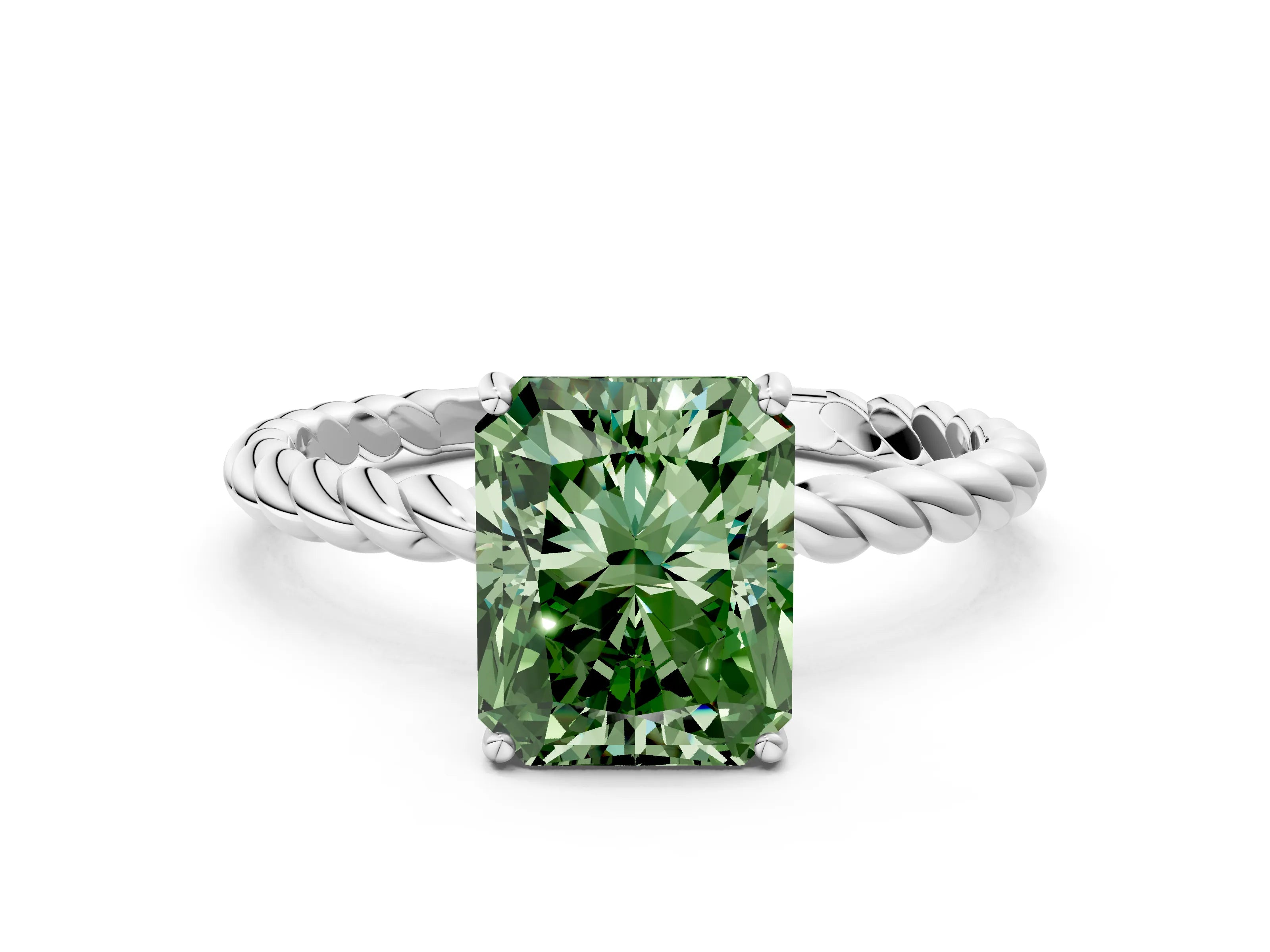 White gold Fancy Green Radiant Cut Solitaire Twisted Band 4-Prong Ring_24
