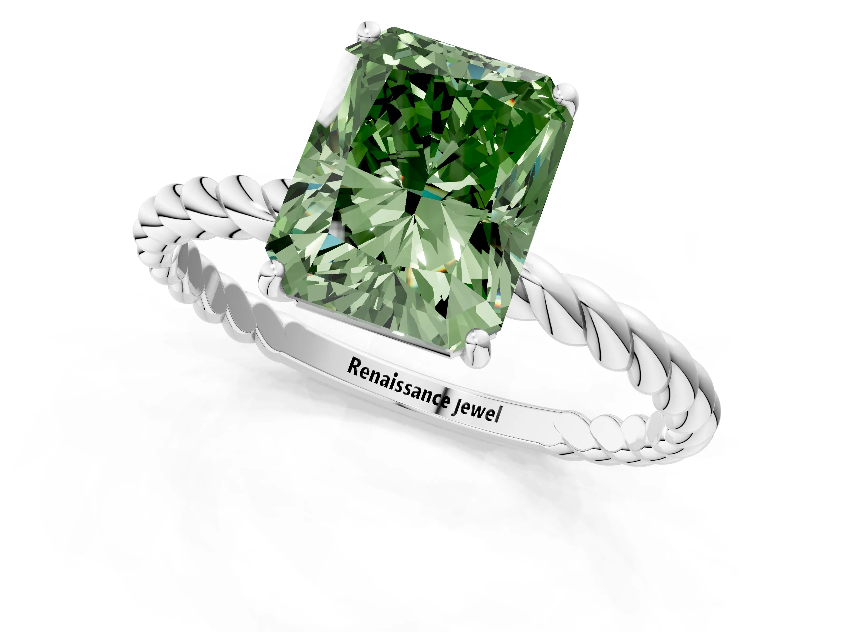 White gold Fancy Green Radiant Cut Solitaire Twisted Band 4-Prong Ring_25