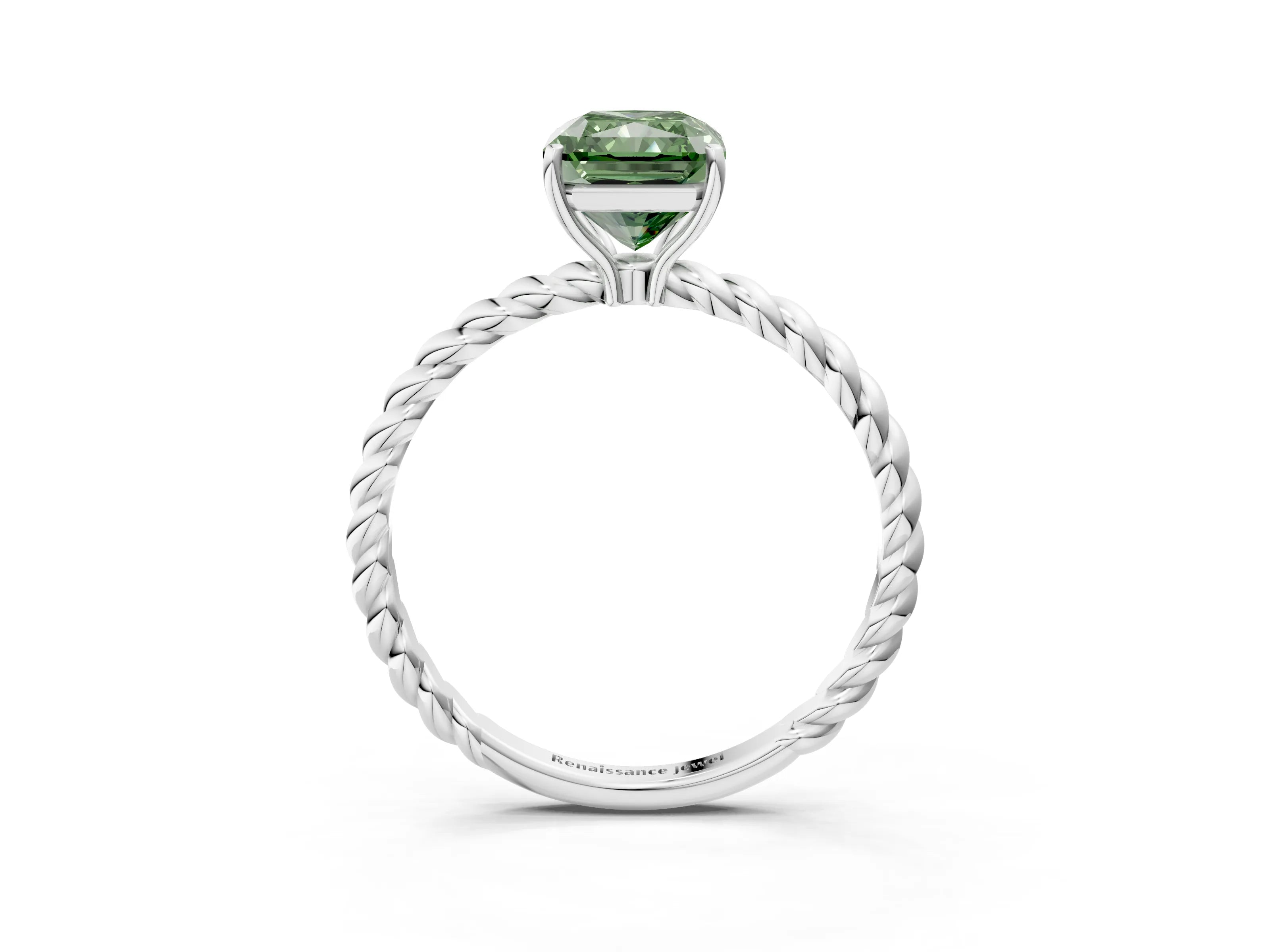 White gold Fancy Green Radiant Cut Solitaire Twisted Band 4-Prong Ring_27