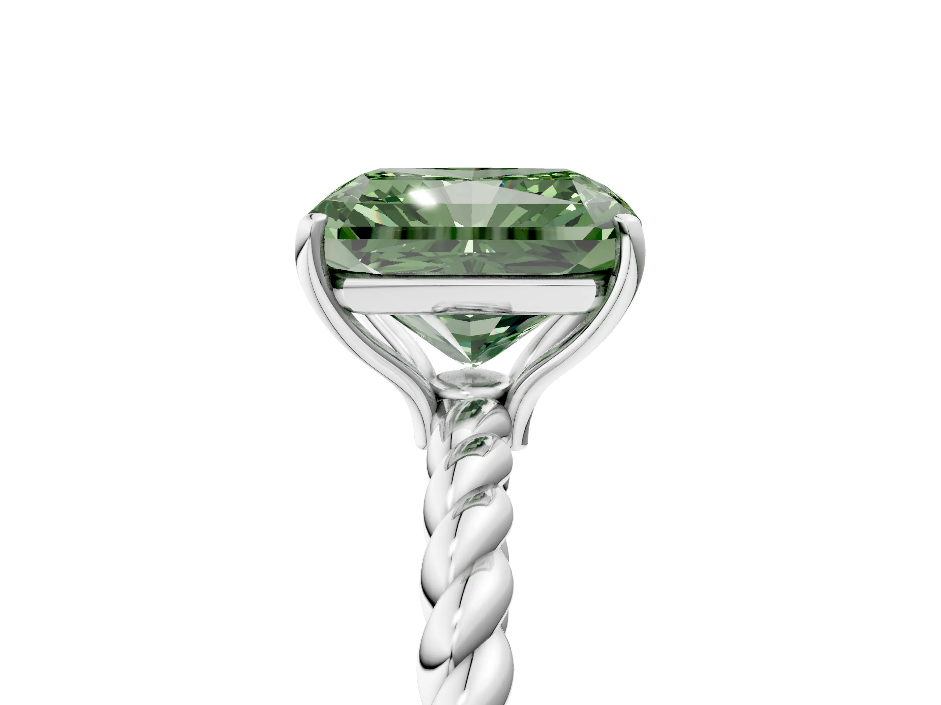 White gold Fancy Green Radiant Cut Solitaire Twisted Band 4-Prong Ring_29