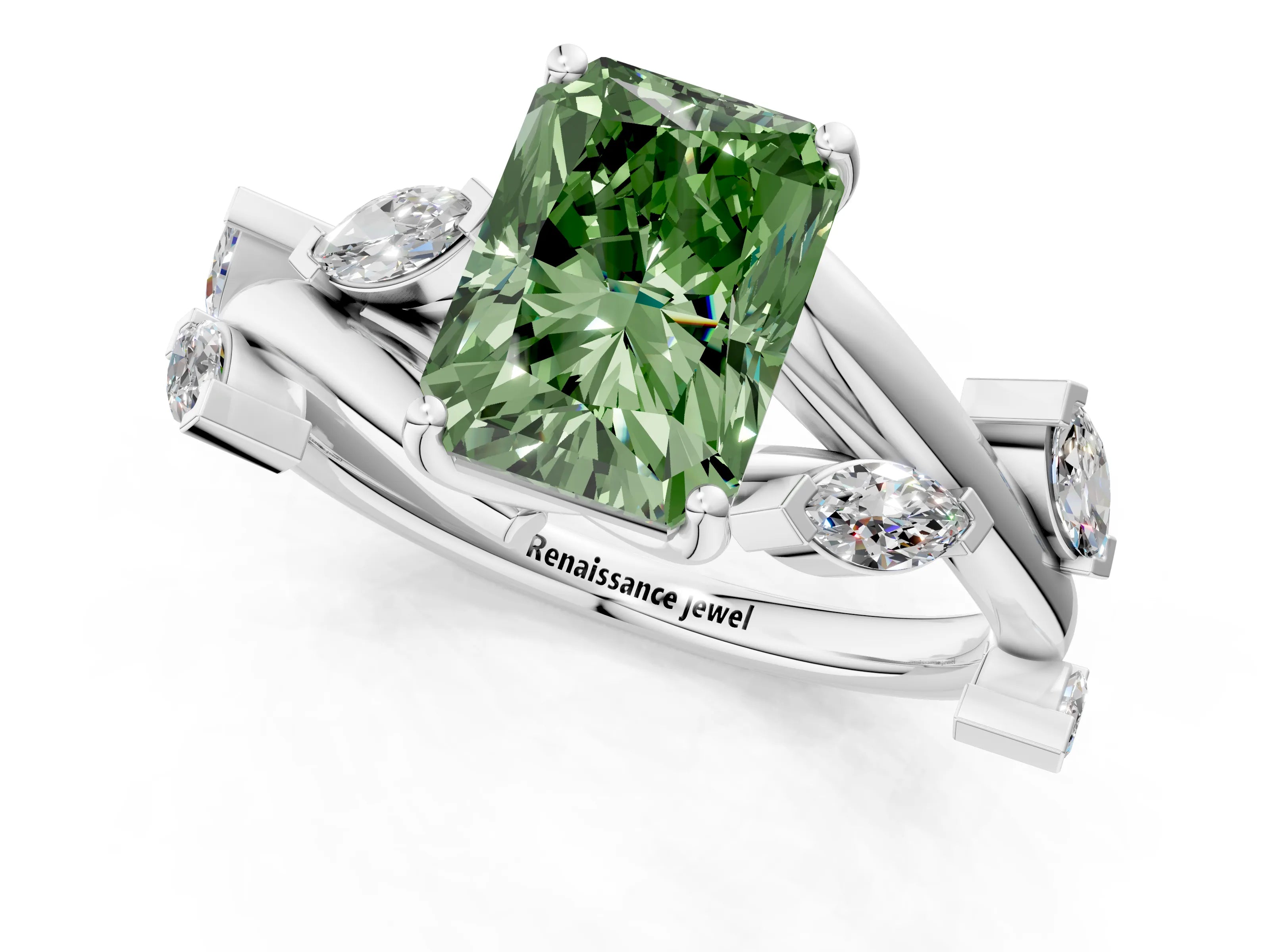 White gold Fancy Green Radiant Cut Solitaire Twisted Band Marquise Accent Prong Setting Ring_1