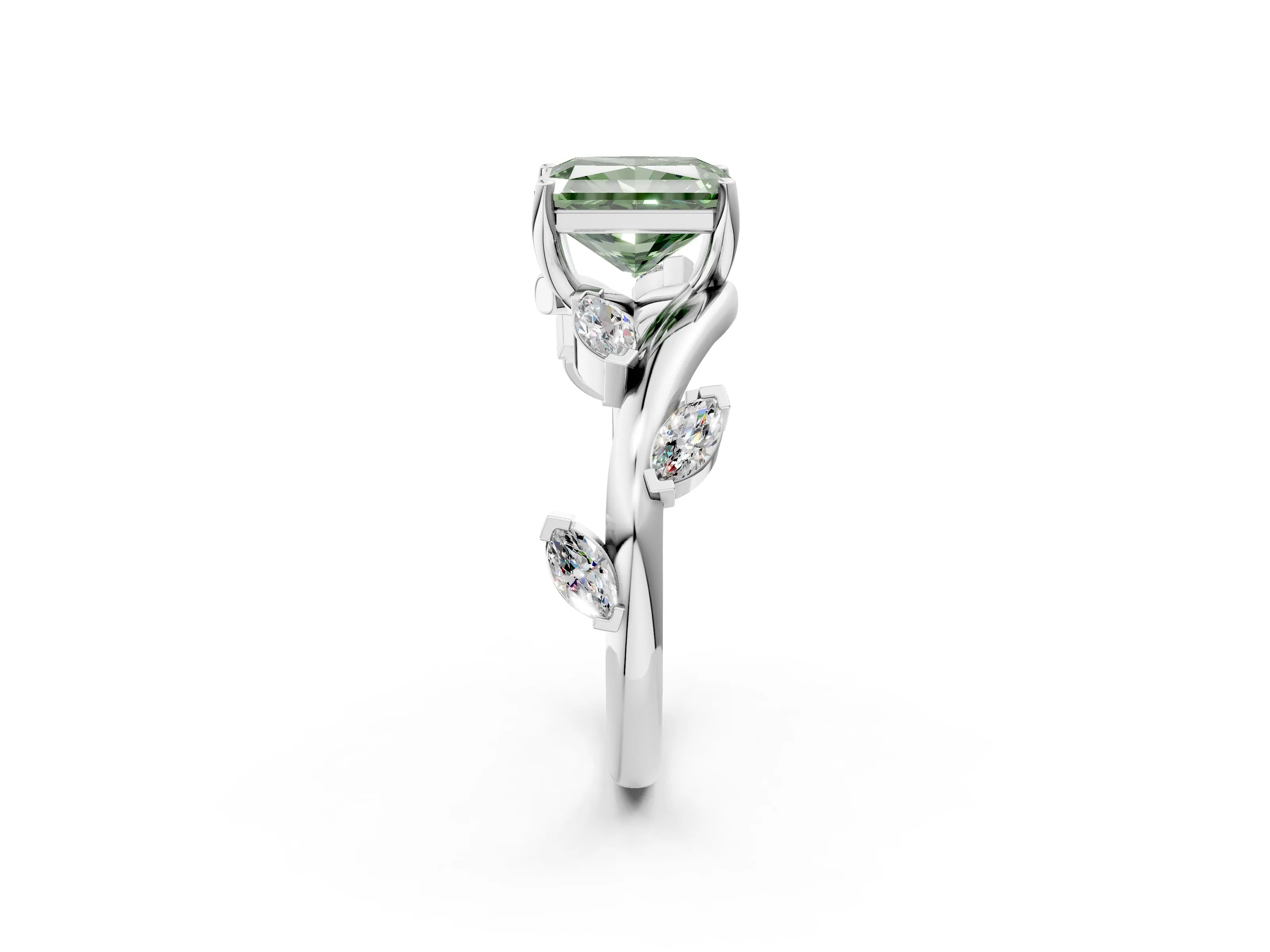 White gold Fancy Green Radiant Cut Solitaire Twisted Band Marquise Accent Prong Setting Ring_2
