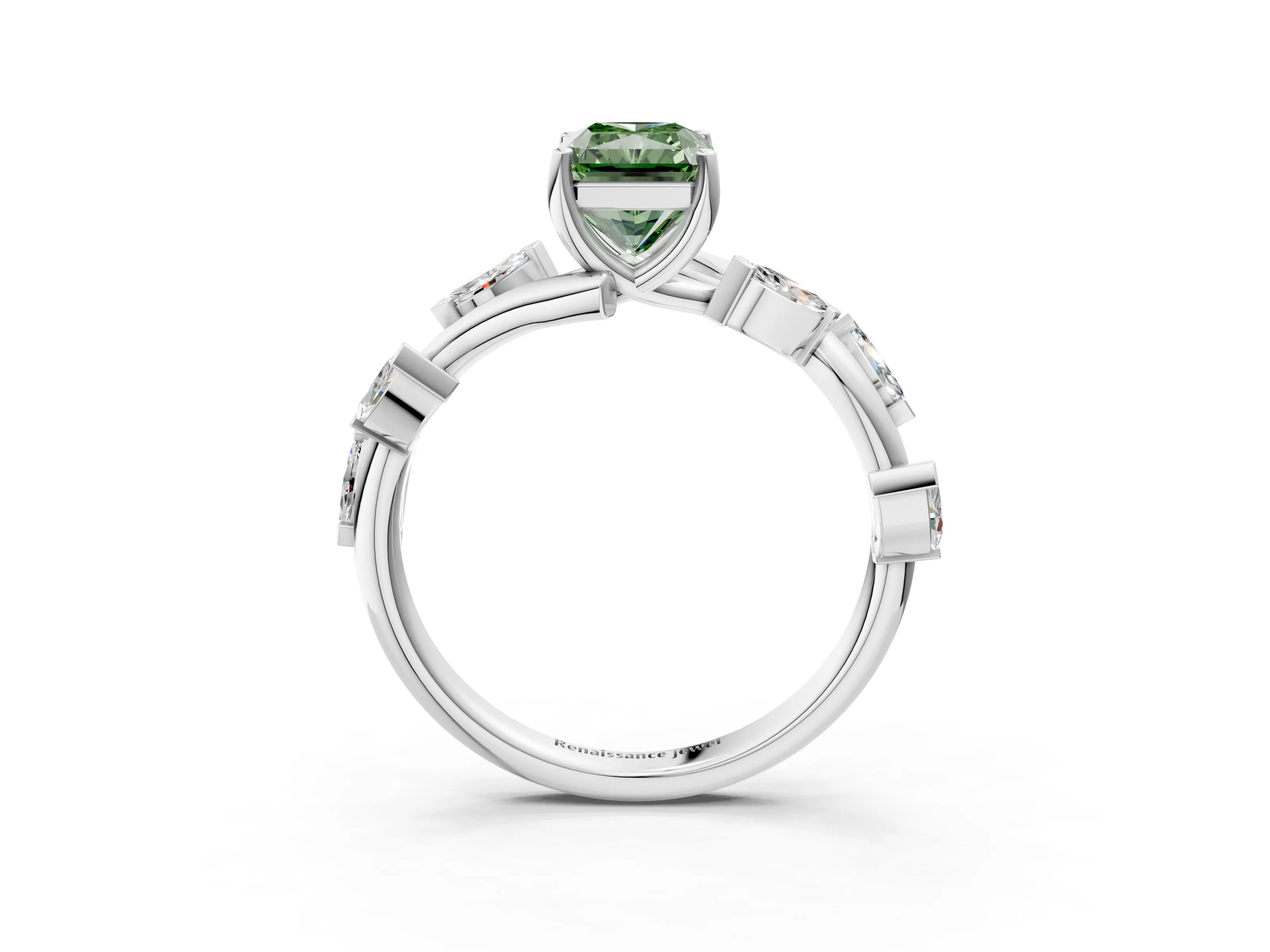 White gold Fancy Green Radiant Cut Solitaire Twisted Band Marquise Accent Prong Setting Ring_3