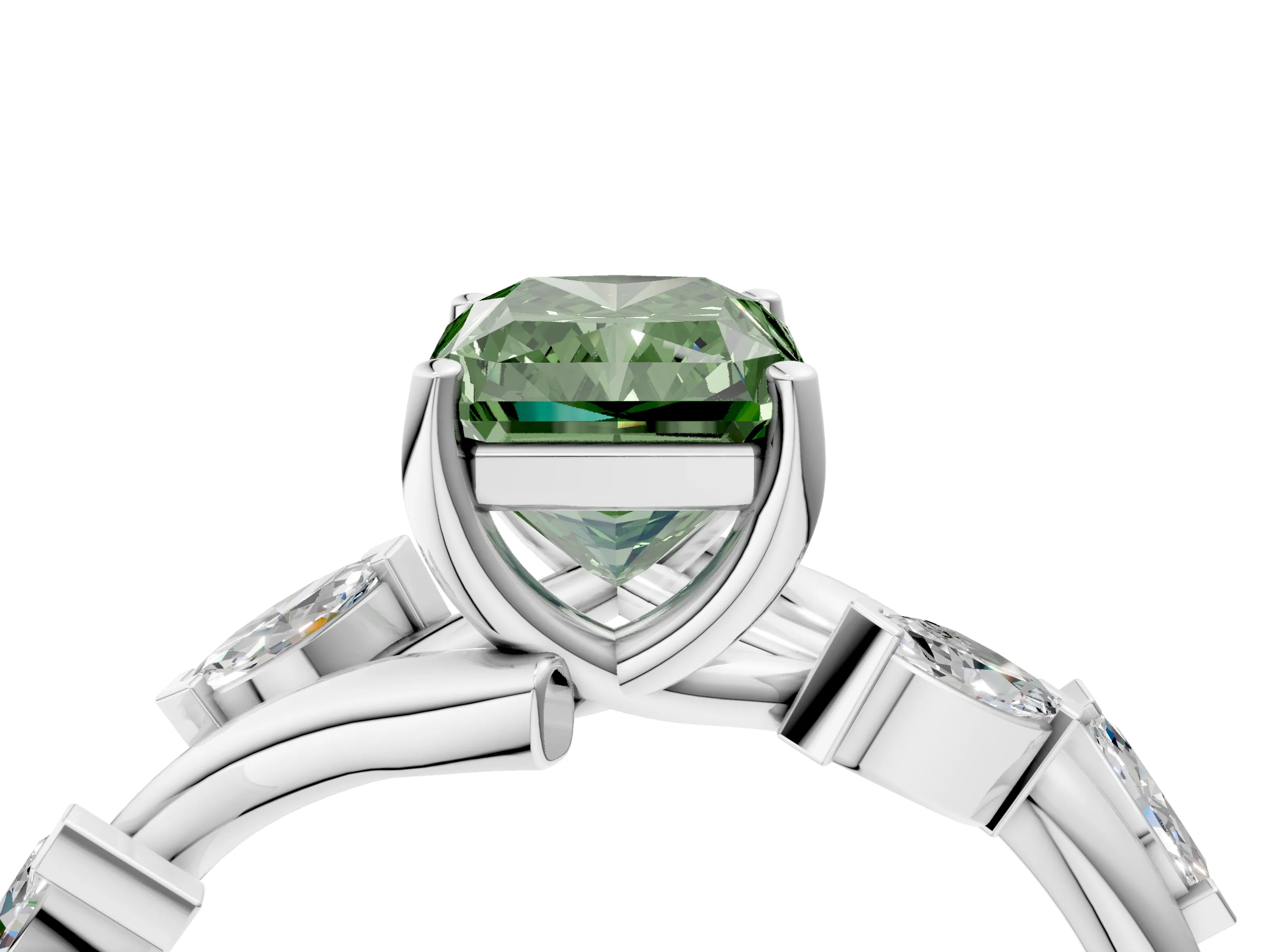 White gold Fancy Green Radiant Cut Solitaire Twisted Band Marquise Accent Prong Setting Ring_4