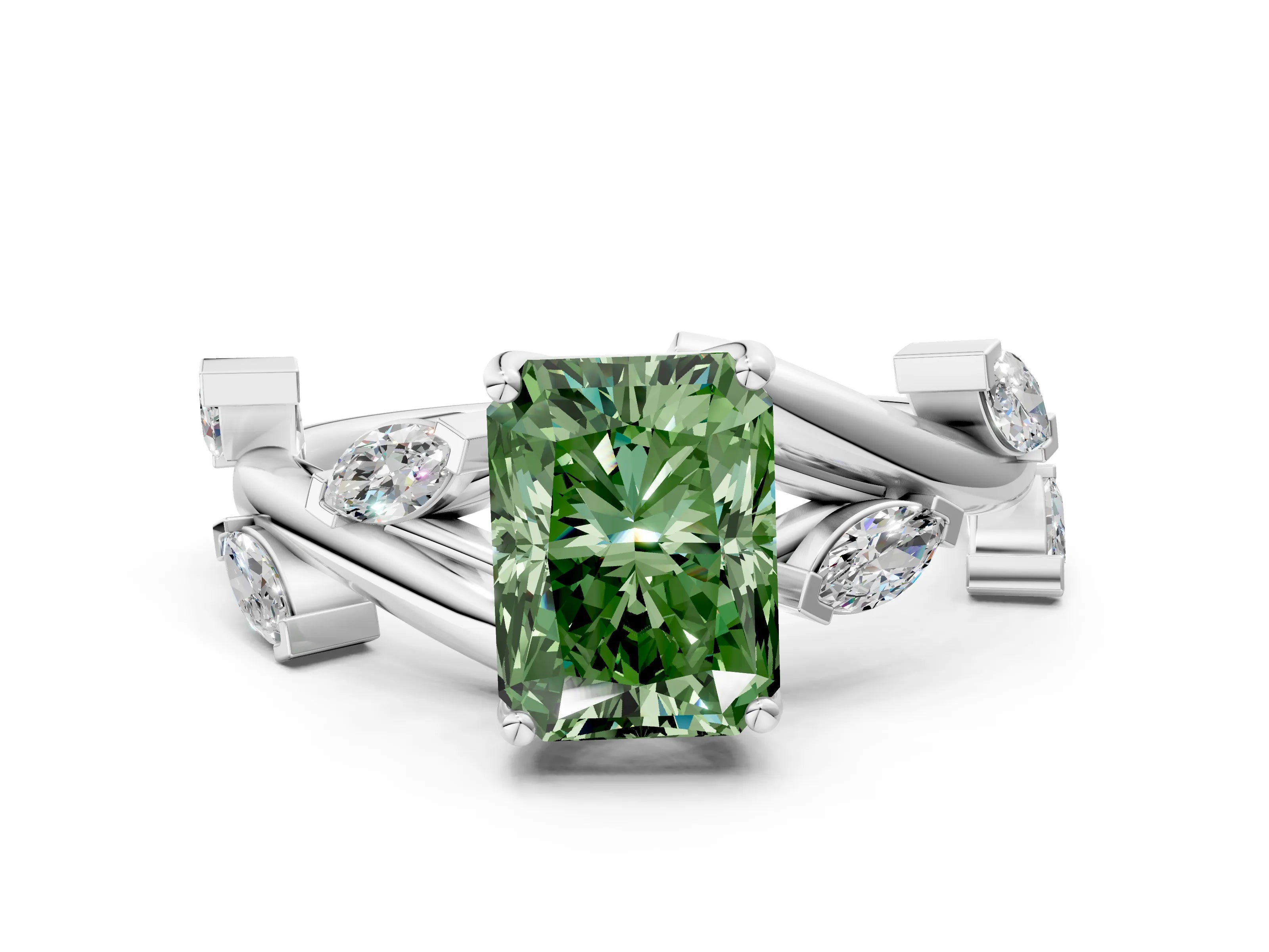 White gold Fancy Green Radiant Cut Solitaire Twisted Band Marquise Accent Prong Setting Ring
