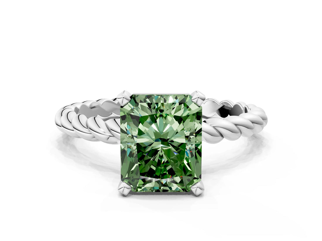 White gold Fancy Green Radiant  Cut Solitaire Twisted Band with Four-Prong Setting_52
