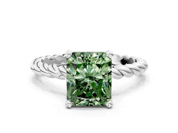 Platinum Fancy Green Radiant  Cut Solitaire Twisted Band with Four-Prong Setting