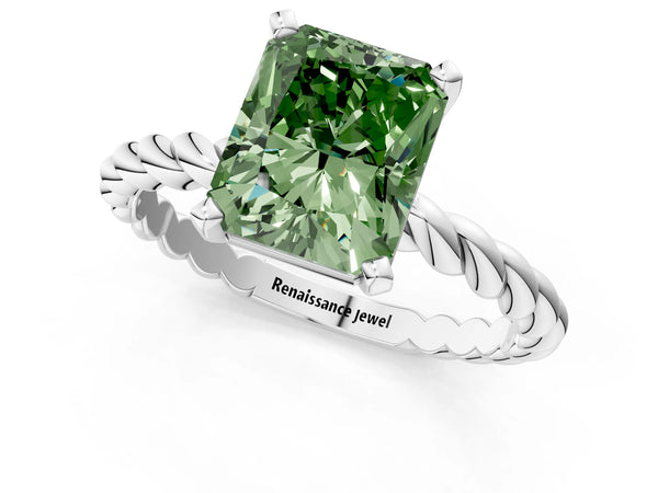 Platinum Fancy Green Radiant  Cut Solitaire Twisted Band with Four-Prong Setting