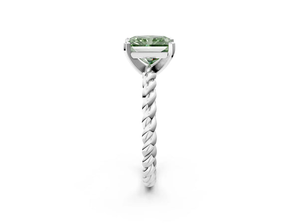 Platinum Fancy Green Radiant  Cut Solitaire Twisted Band with Four-Prong Setting