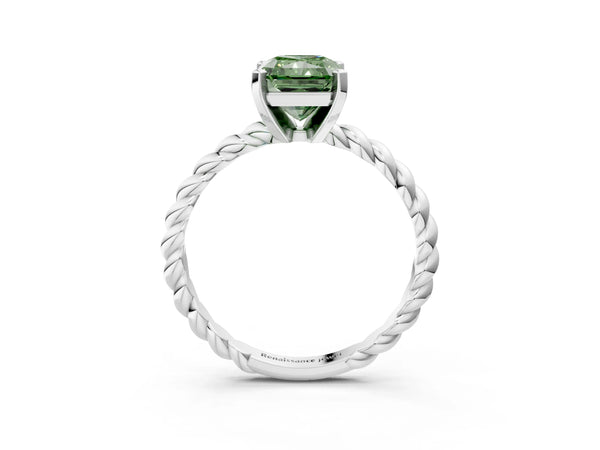 Platinum Fancy Green Radiant  Cut Solitaire Twisted Band with Four-Prong Setting
