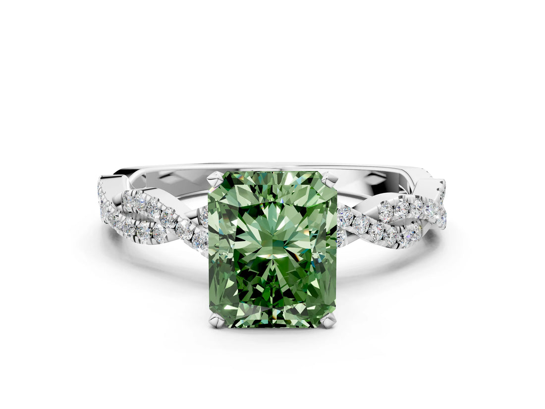 White gold Fancy Green Radiant Cut Solitaire Twisted Pave Band with Four-Prong Setting_15