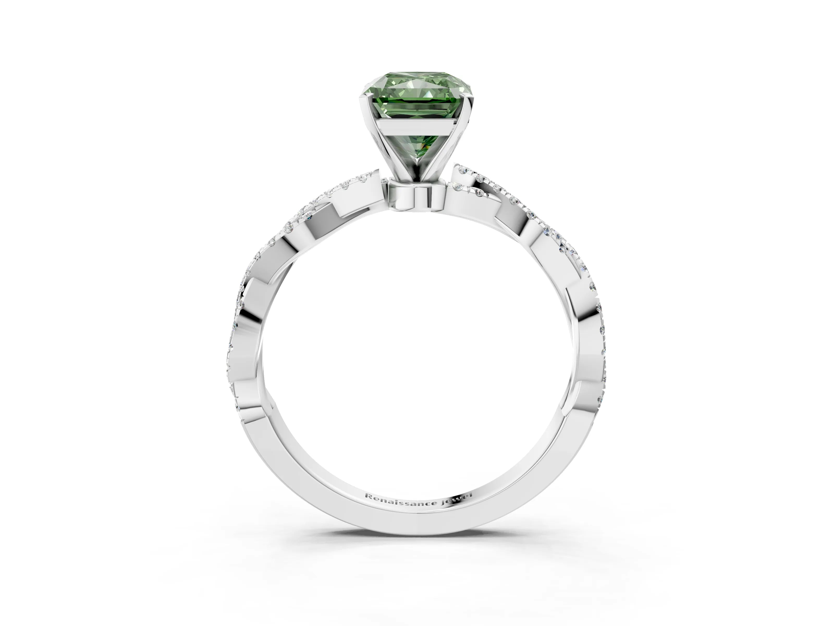 White gold Fancy Green Radiant Cut Solitaire Twisted Pave Band with Four-Prong Setting_18