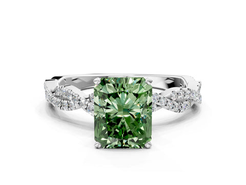 White gold Fancy Green Radiant Cut Solitaire Twisted Pave Band with Four-Prong Setting_3