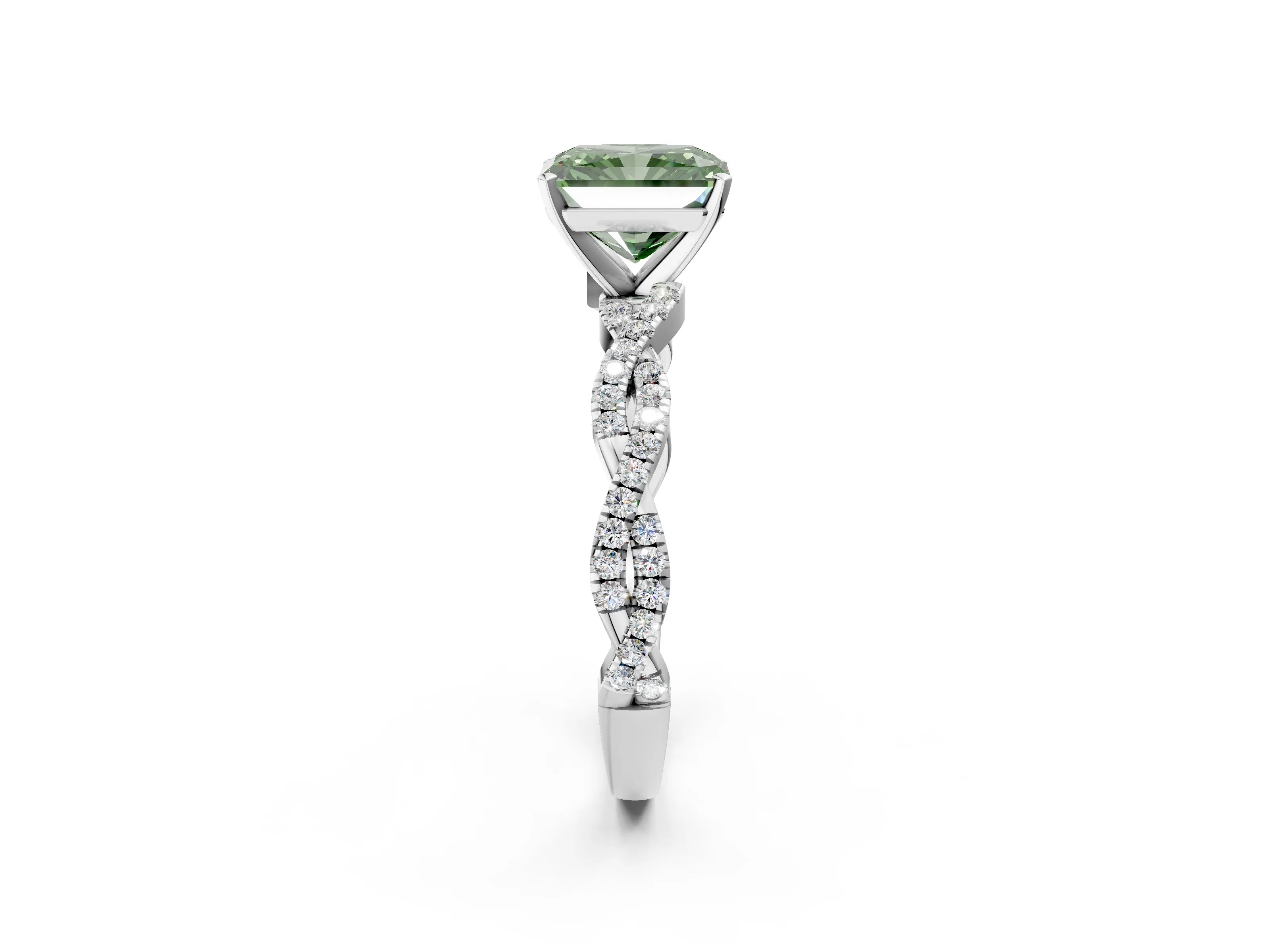 White gold Fancy Green Radiant Cut Solitaire Twisted Pave Band with Four-Prong Setting_5