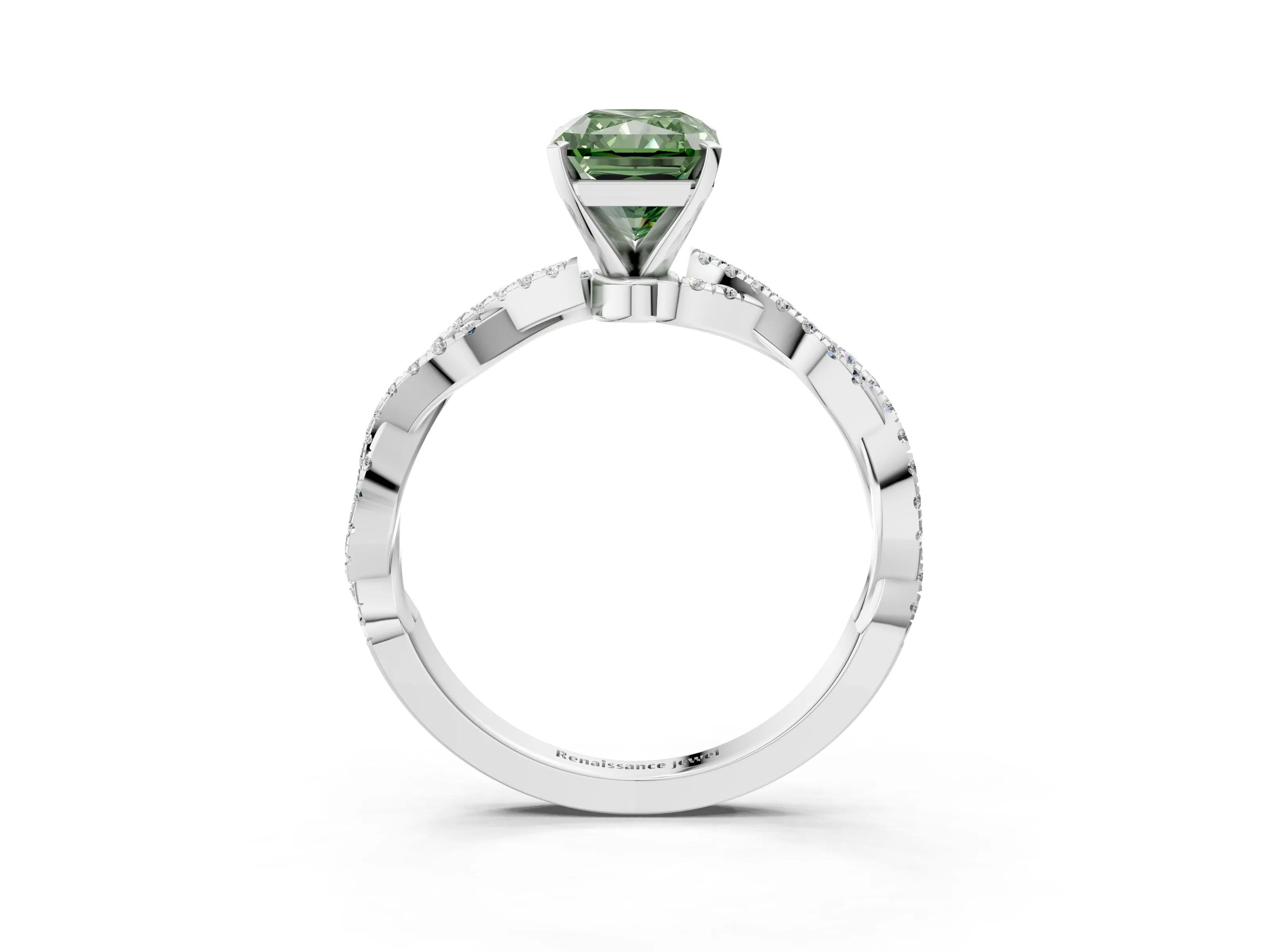 White gold Fancy Green Radiant Cut Solitaire Twisted Pave Band with Four-Prong Setting_6