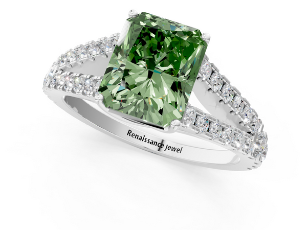 White gold Fancy Green Radiant  Cut Split Shank Pave Diamond Engagement Ring with Four-Prong Setting