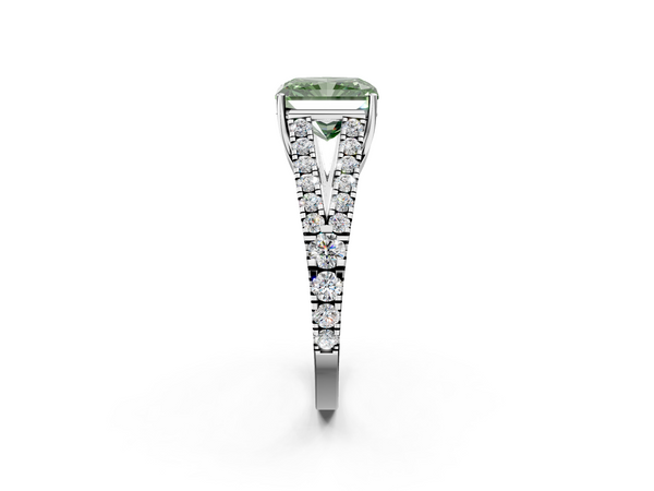 White gold Fancy Green Radiant  Cut Split Shank Pave Diamond Engagement Ring with Four-Prong Setting